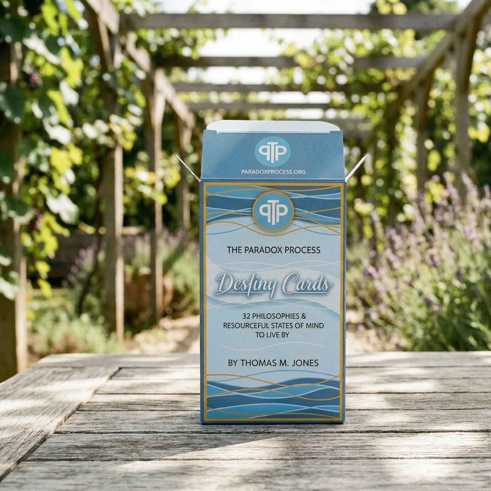 Destiny Cards box on a sunlit garden table.