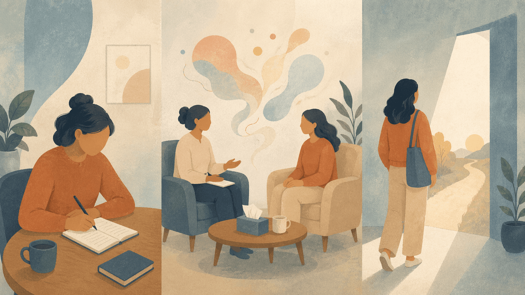 Illustration of self-reflection, a one-on-one conversation, and a path through an open doorway.