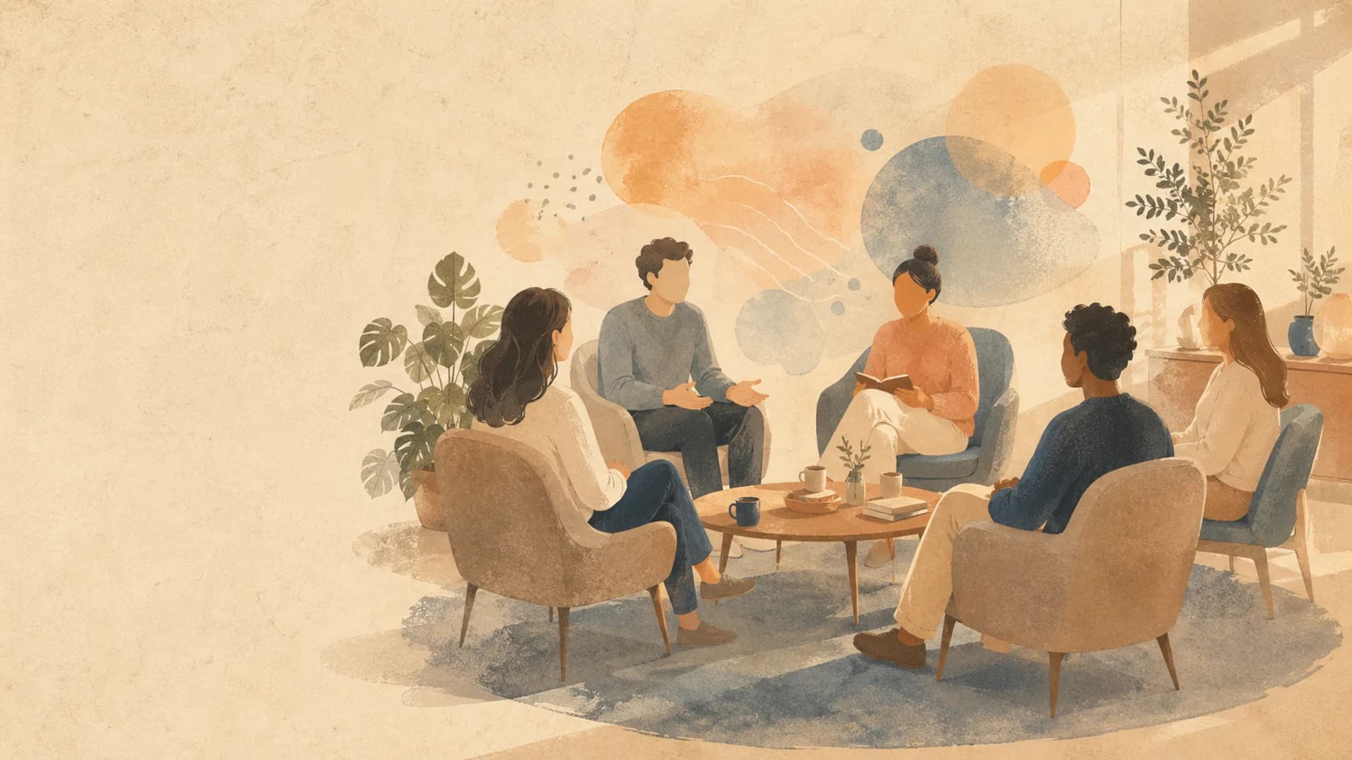 A small group seated together in a warm studio after a Paradox Process session.