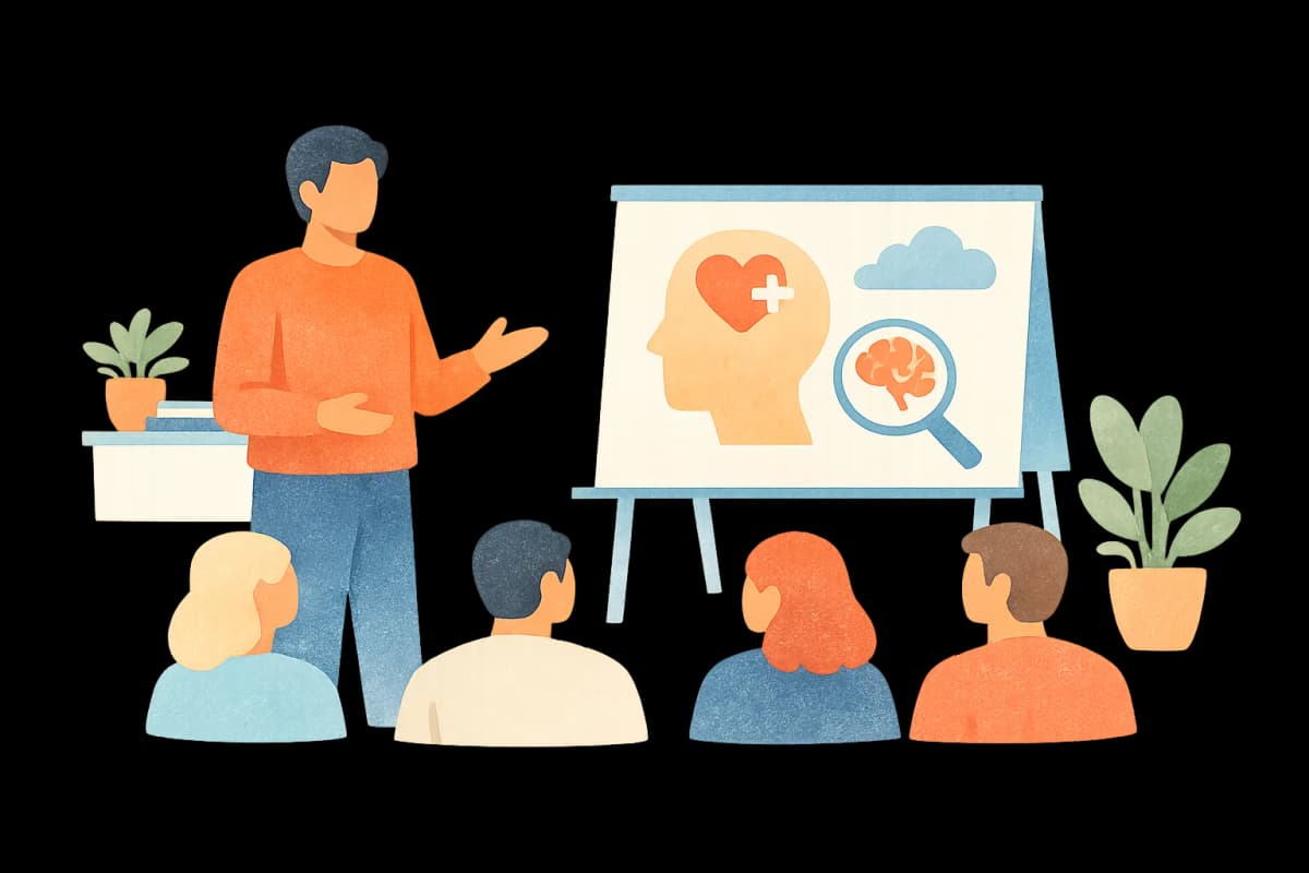 A facilitator presenting to a small group in a live class