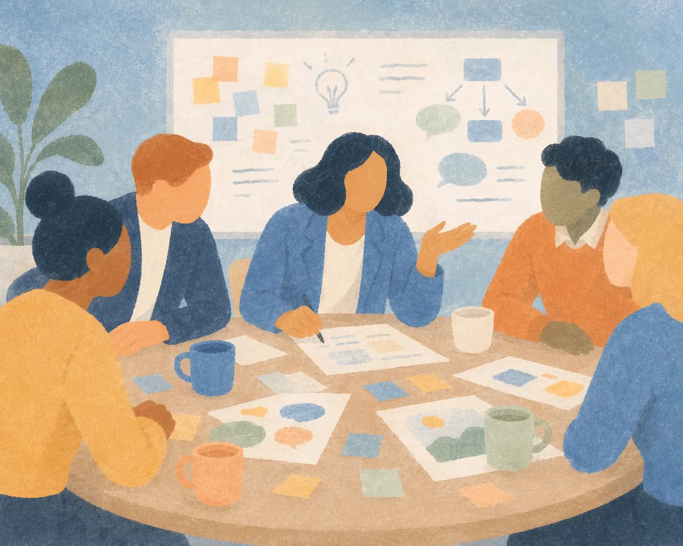 A facilitator leads a collaborative workshop around a table covered in papers and coffee cups, a whiteboard of diagrams behind them.