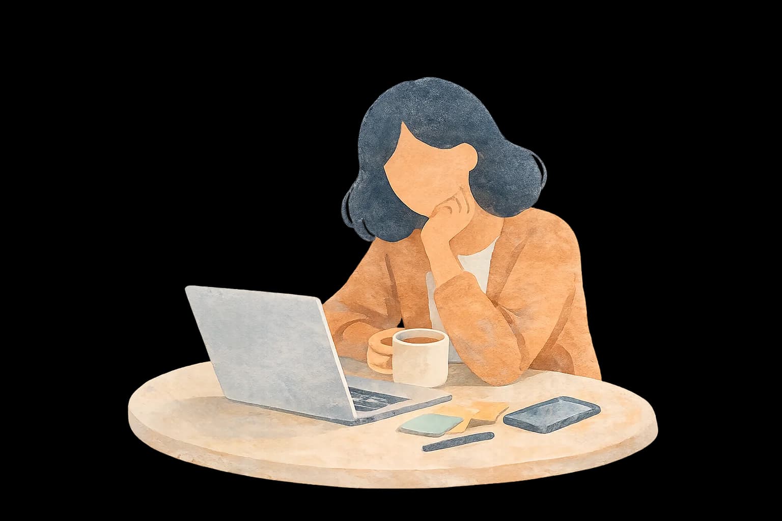A person sitting at a desk with a laptop and coffee, thoughtfully considering their next step.