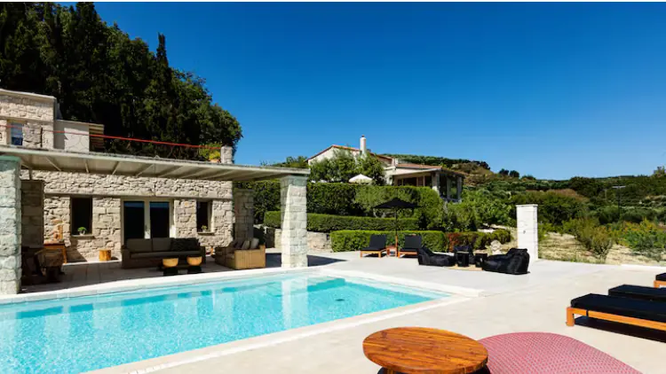 Evening exterior of the Greece retreat venue