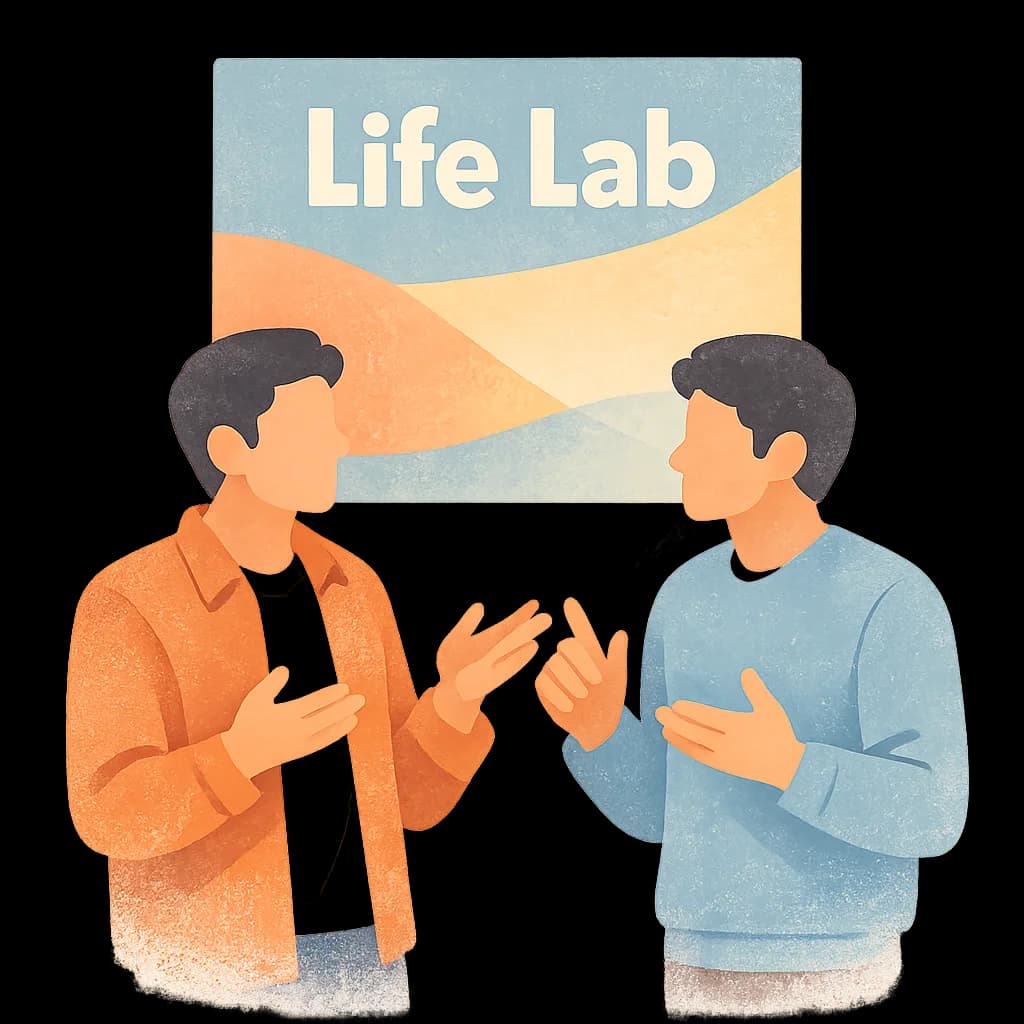 Illustration of Thomas Jones and Rodger Bell in conversation at Life Lab
