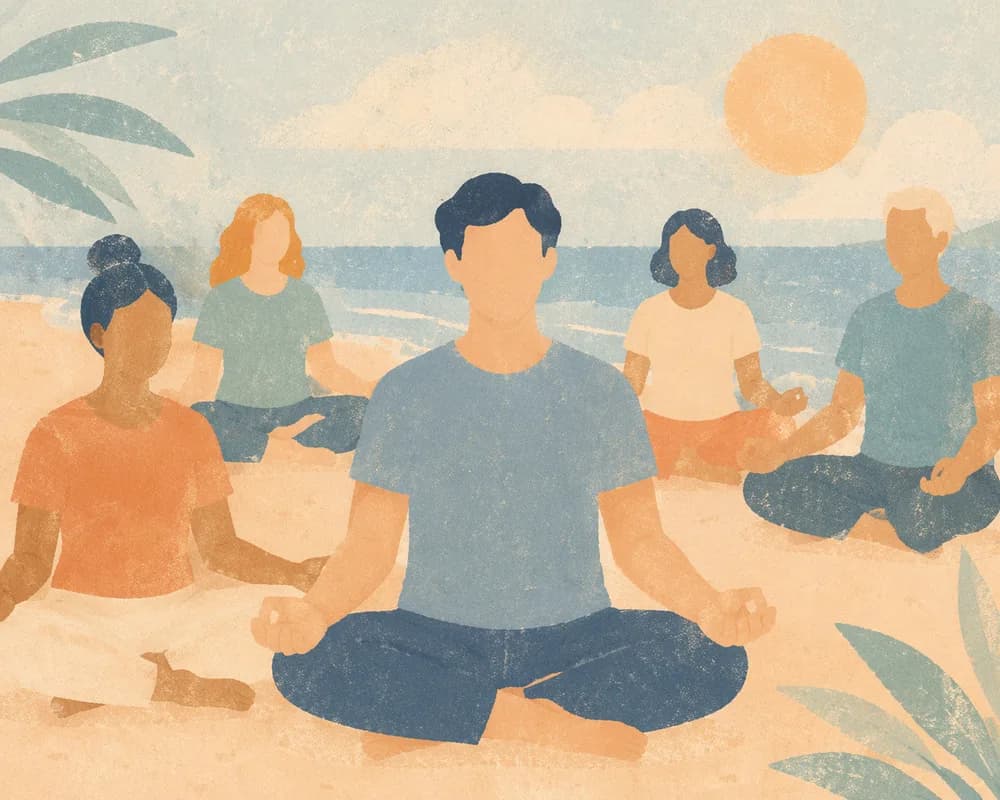 Illustration of the retreat — a quiet outdoor setting at dawn