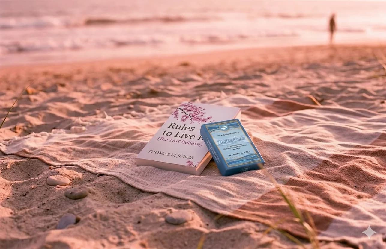 Destiny Cards and Rules To Live By book on a beach at golden hour